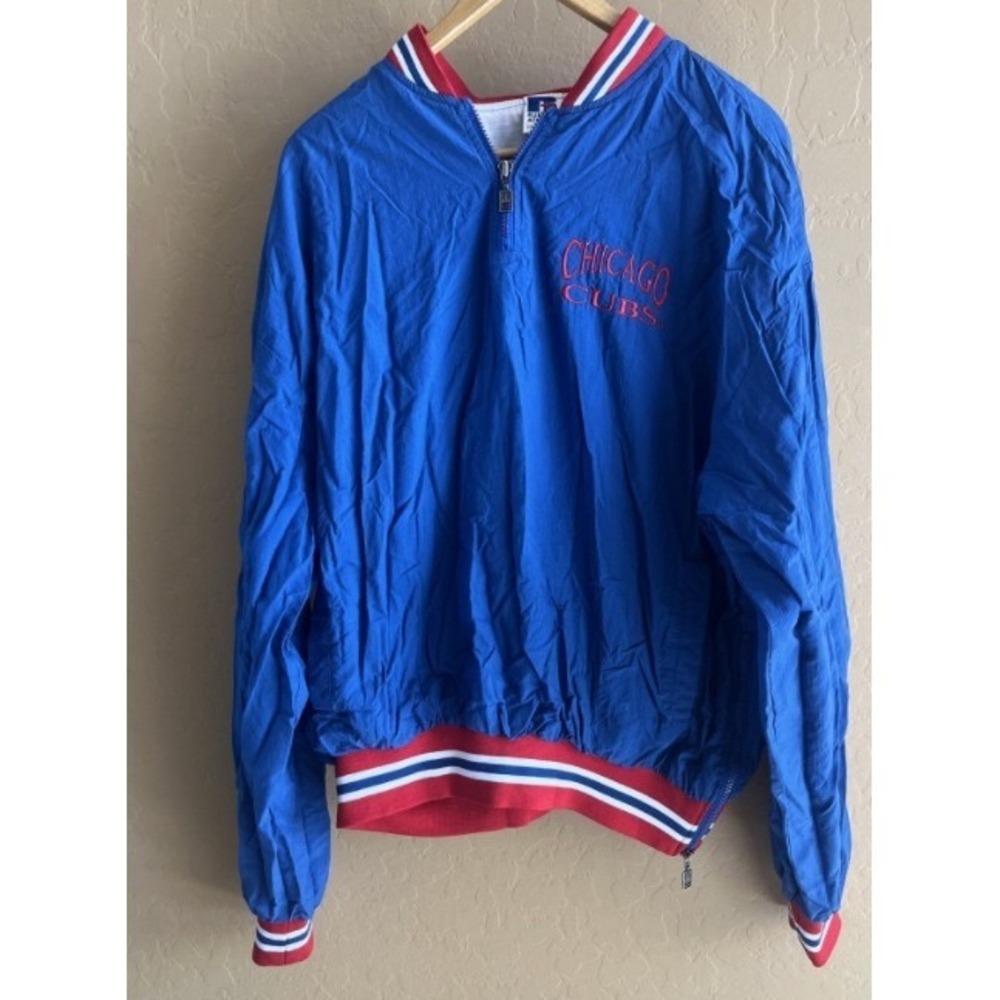 VTG Russell Athletic Chicago Cubs Blue Lined 1/4 Zip Pullover Windbreaker L